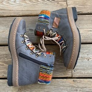 Rieker Felicitas Women Ankle Boot Gray Vegan Knit Cuff Lace-Up Zip EU 38 / 7-7.5